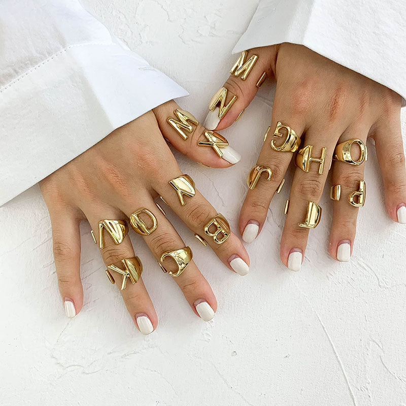 European And American A-Z Letter Ring Gold Metal Adjustable Open Ring Initials Name Letter Female Factory Direct Sales