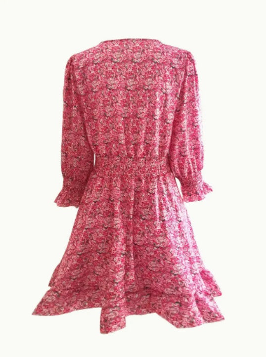 V-Neck Floral Print Short Sleeve Bubble Sleeve A-Line Dress