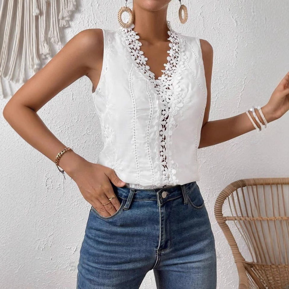 Solid Color Lace Stitching Loose Strap Vest T-shirt
