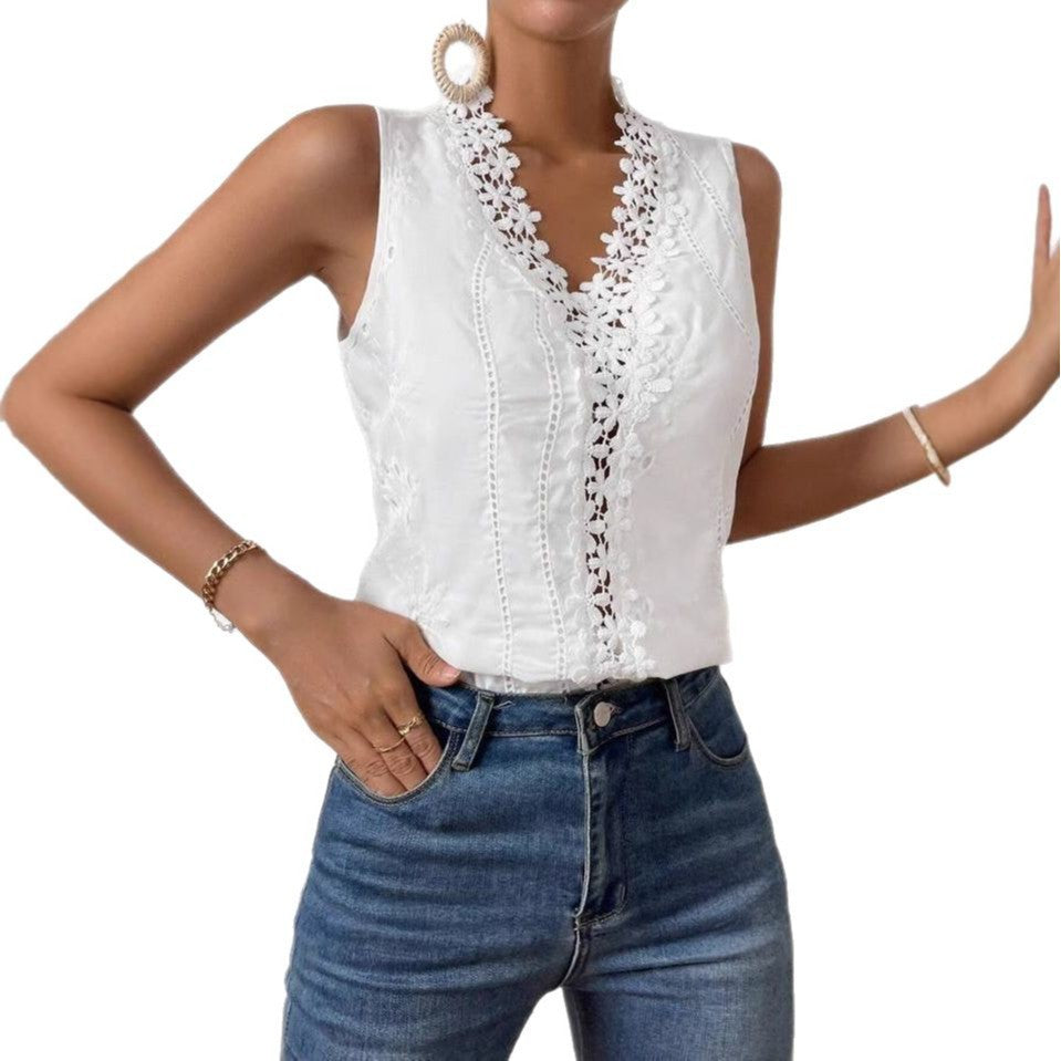 Solid Color Lace Stitching Loose Strap Vest T-shirt