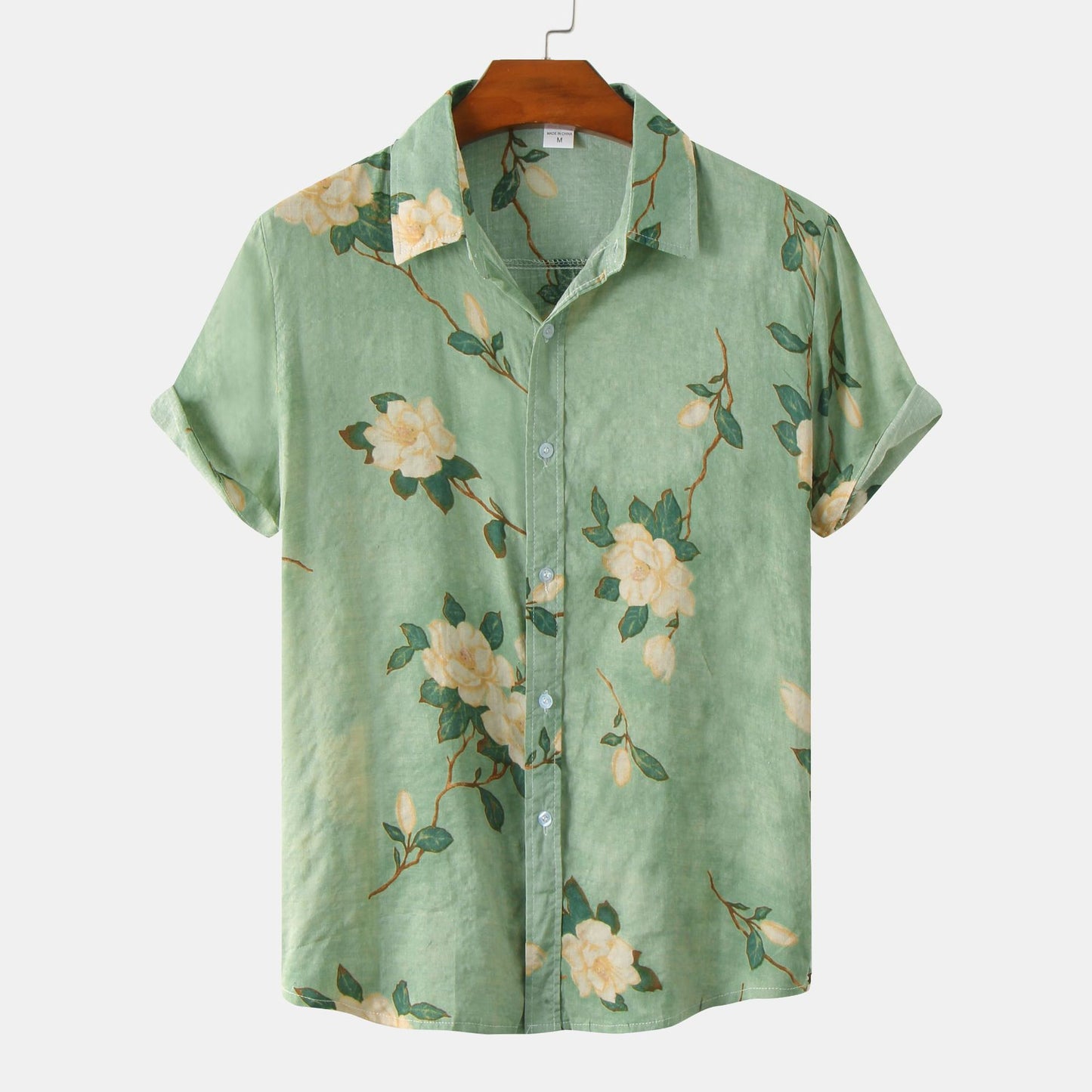 Camicia a maniche corte da uomo in cotone e lino stampato