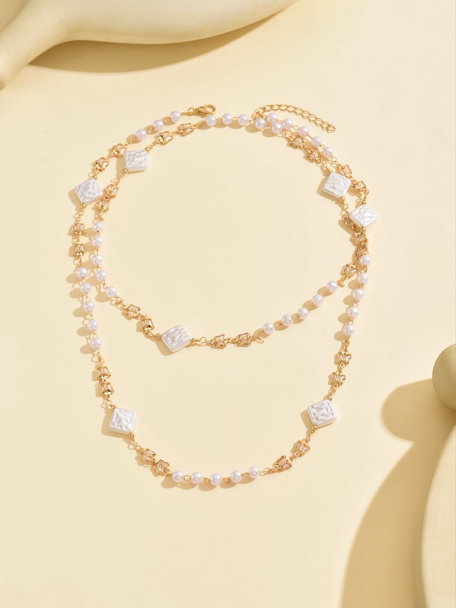 Elegant Double Layer Pearl And Square Bead Necklace -  Stylish And Feminine Jewelry For Young Women