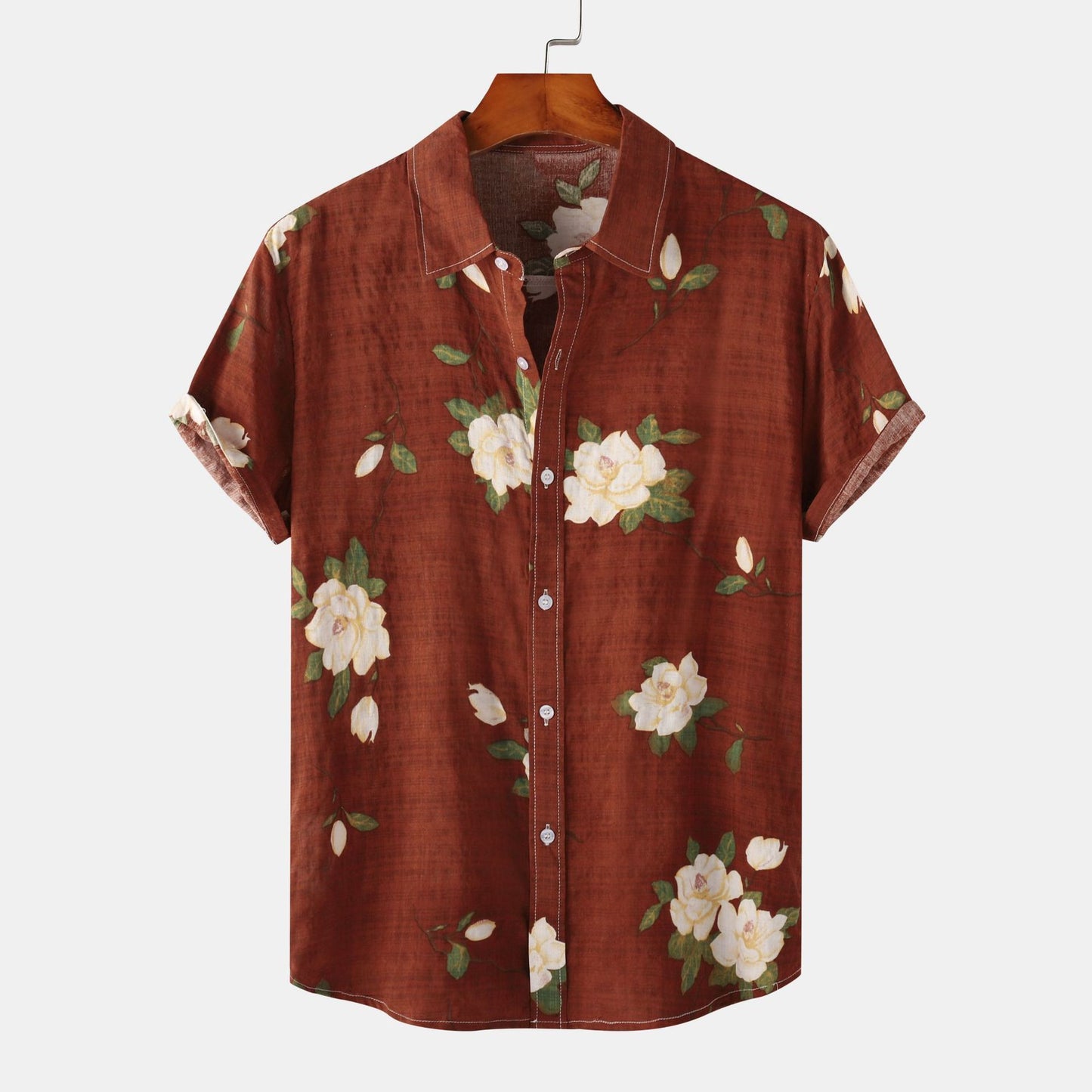 Camicia a maniche corte da uomo in cotone e lino stampato
