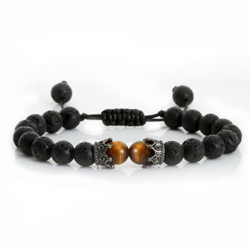 Black Lava Stone Crown Charm Tiger Eye Beads Bracelet