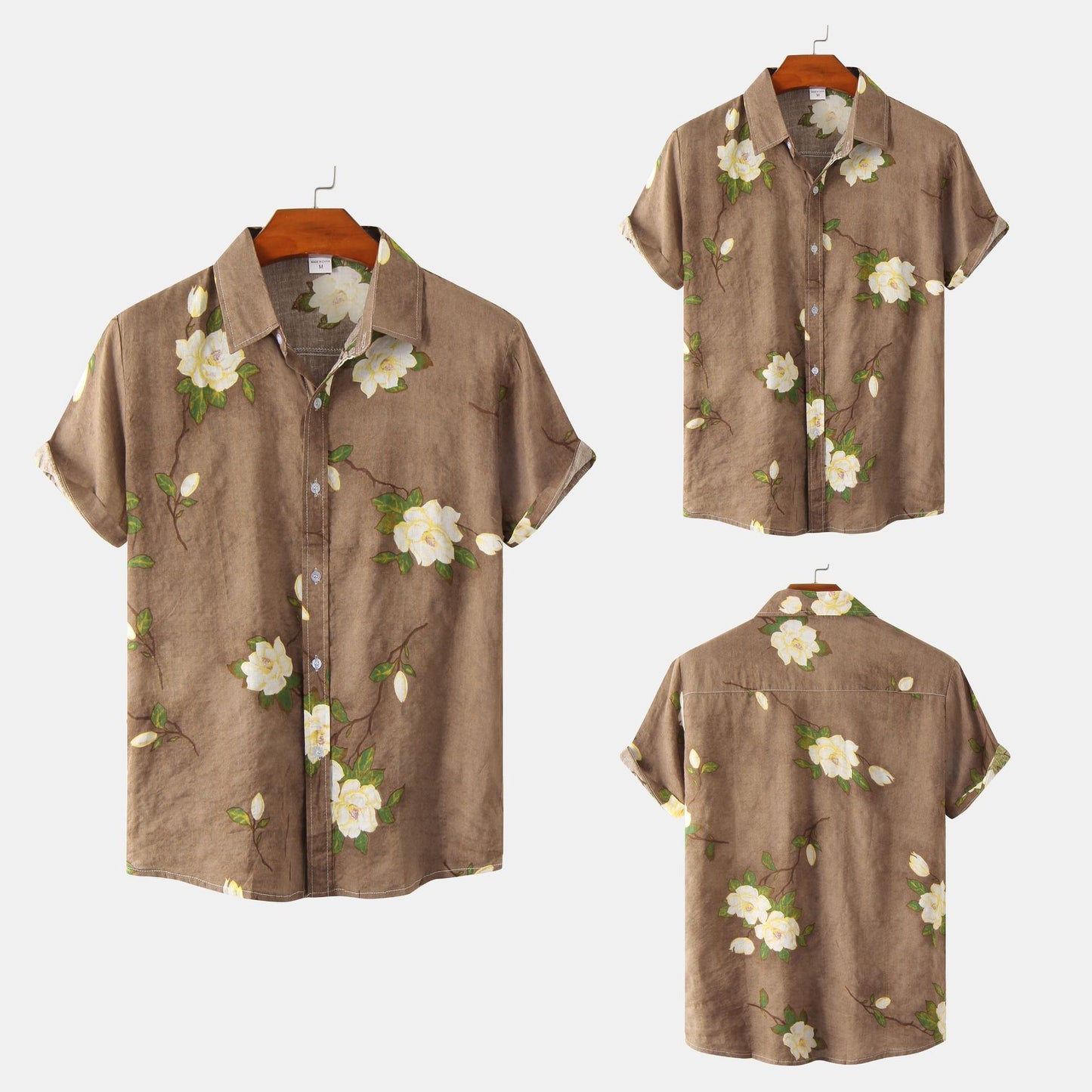 Camicia a maniche corte da uomo in cotone e lino stampato