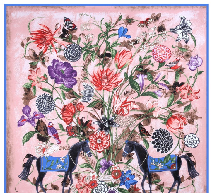Scarf Twill Silk Shawl Large Square  Sunscreen 130cm Flower And Bird Jungle