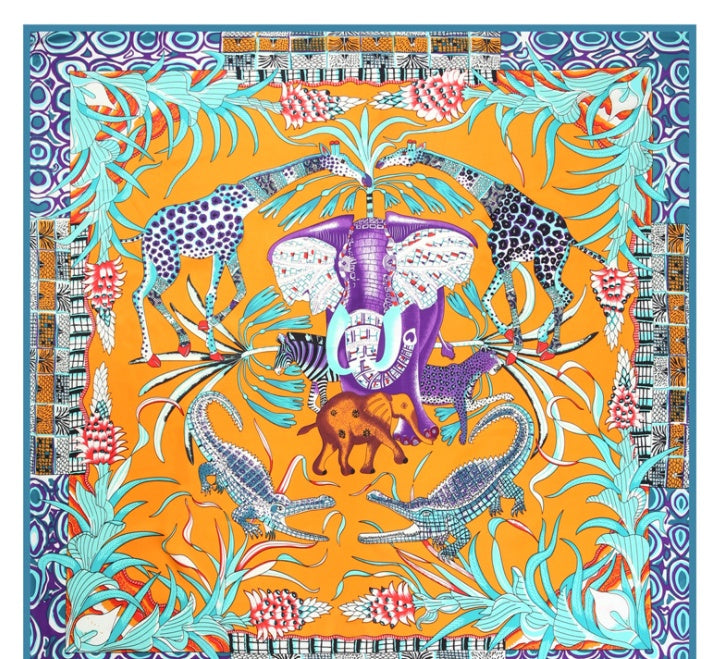 Scarf Twill Silk Shawl Large Square  Sunscreen 130cm Flower And Bird Jungle