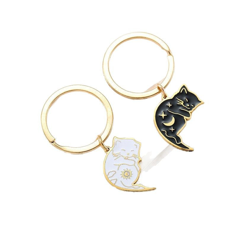 Cartoon Sun Moon Black And White Kitten Key Buckle One Pair Of Lovers Key Chain