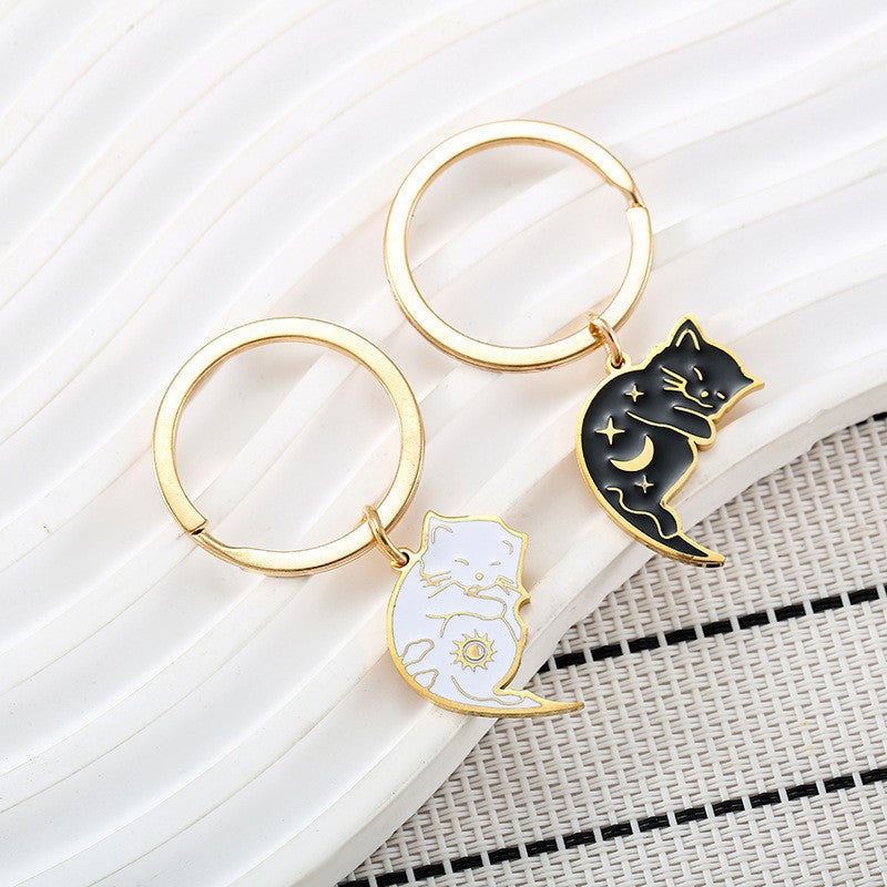 Cartoon Sun Moon Black And White Kitten Key Buckle One Pair Of Lovers Key Chain