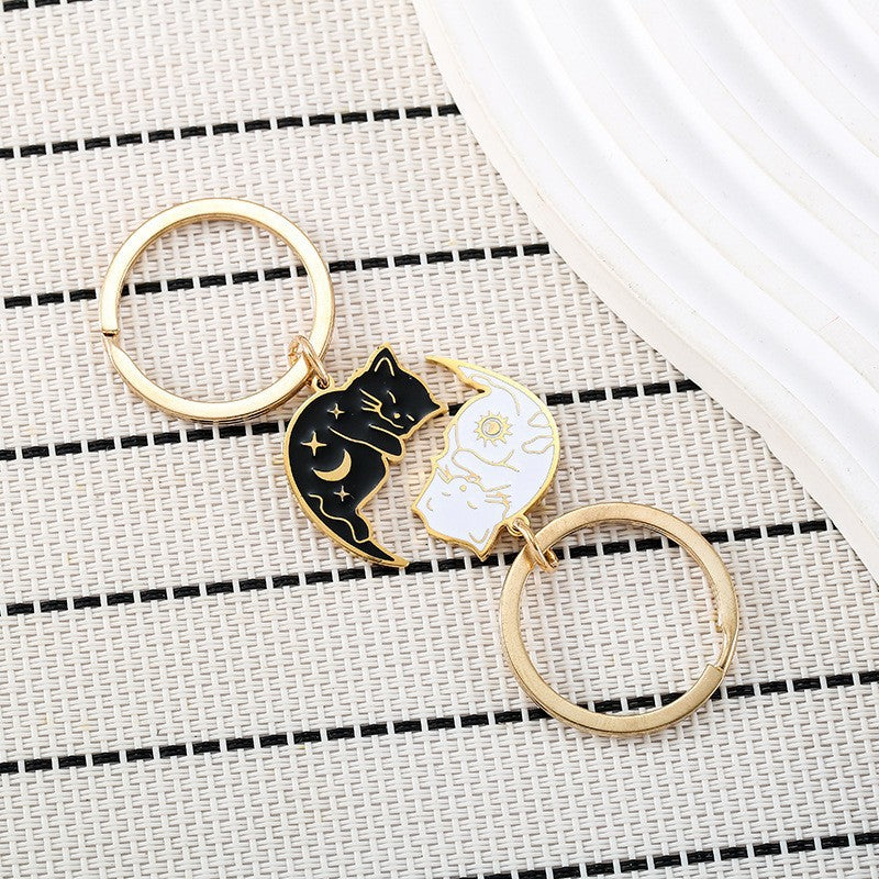 Cartoon Sun Moon Black And White Kitten Key Buckle One Pair Of Lovers Key Chain