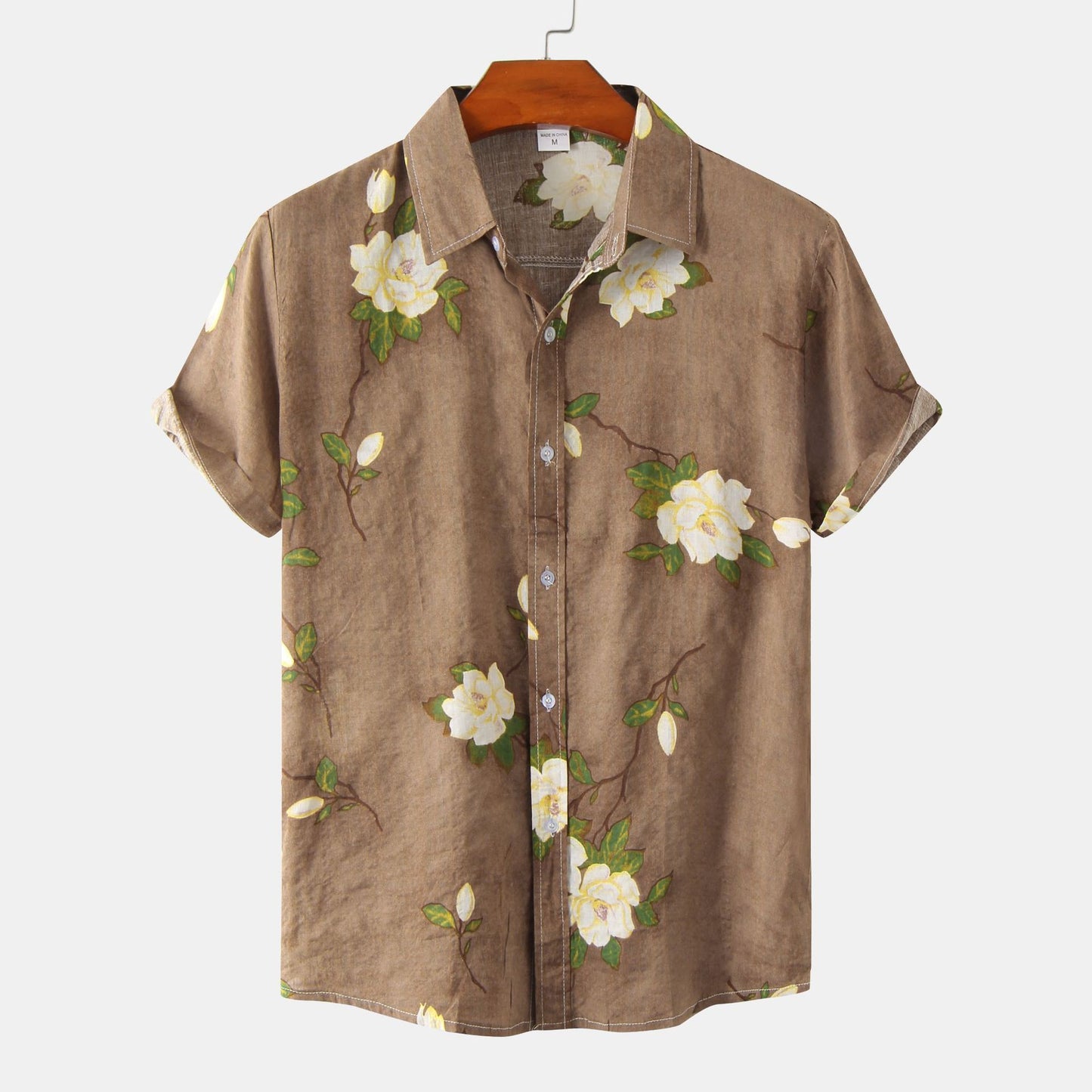 Camicia a maniche corte da uomo in cotone e lino stampato