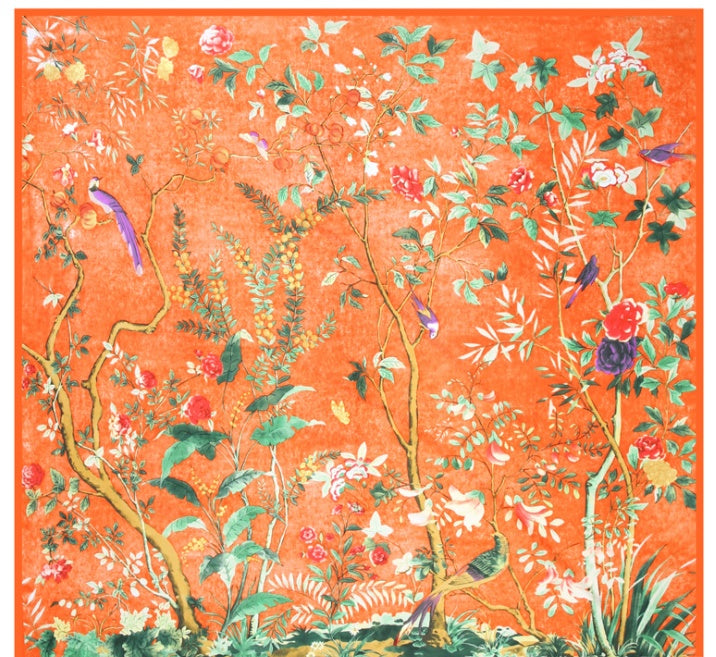 Scarf Twill Silk Shawl Large Square  Sunscreen 130cm Flower And Bird Jungle