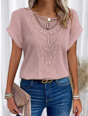 Maglietta estiva a maniche corte con motivo traforato, stile etnico, abbigliamento da donna