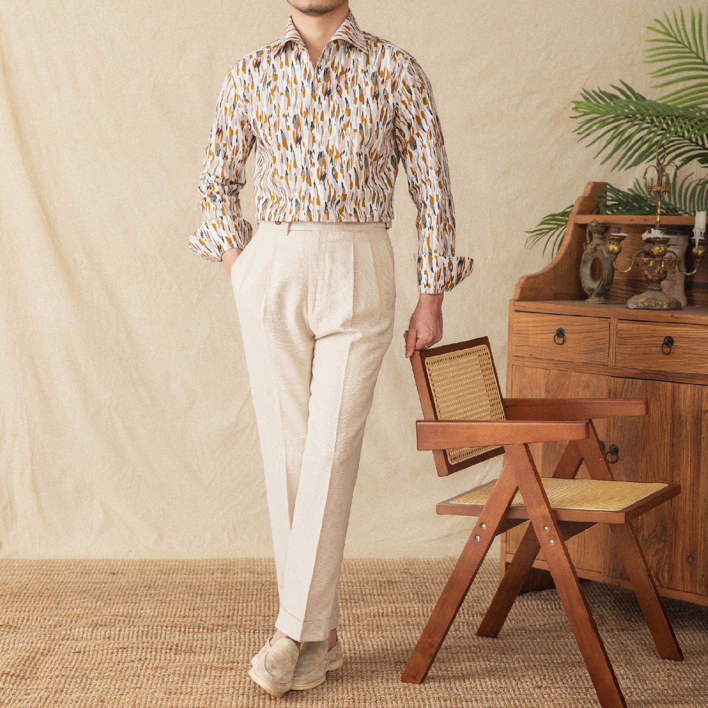 Men's Floral Long-sleeved Cardigan Cotton Shirt