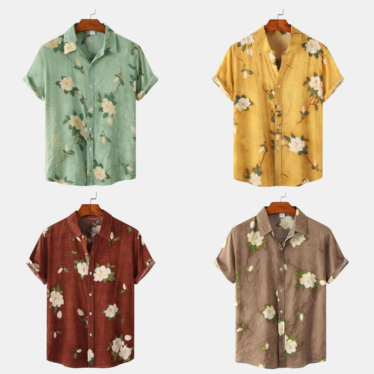 Camicia a maniche corte da uomo in cotone e lino stampato