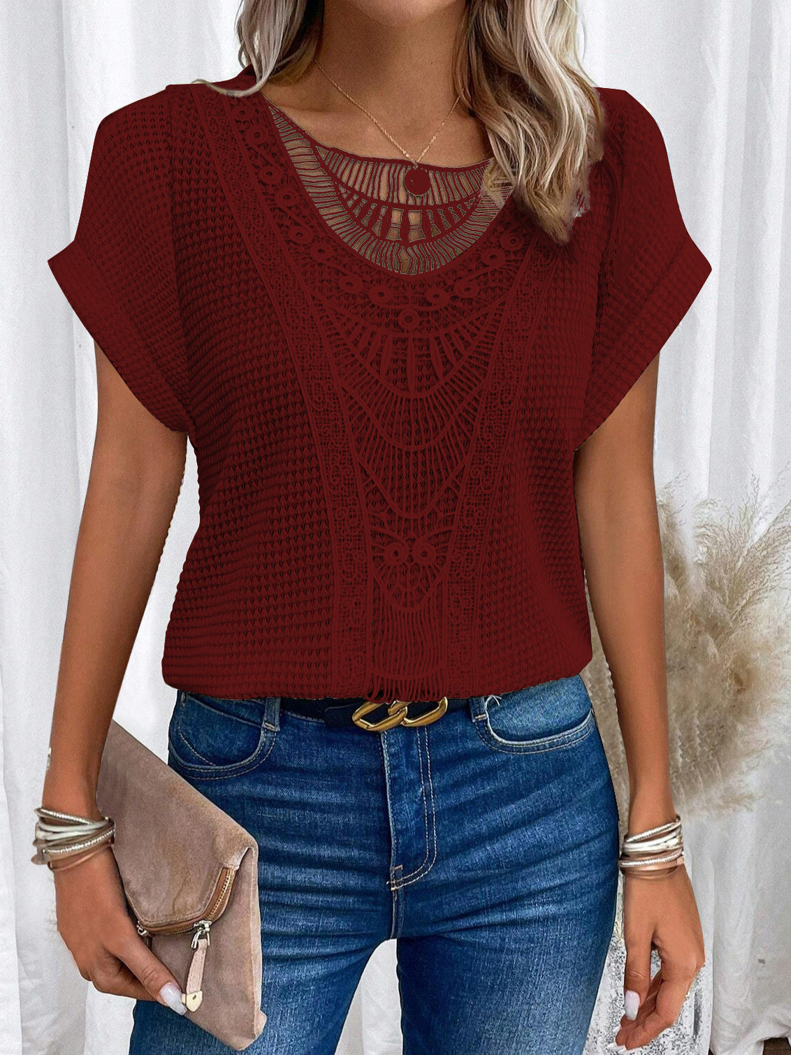 Maglietta estiva a maniche corte con motivo traforato, stile etnico, abbigliamento da donna
