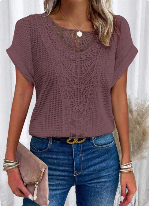 Maglietta estiva a maniche corte con motivo traforato, stile etnico, abbigliamento da donna