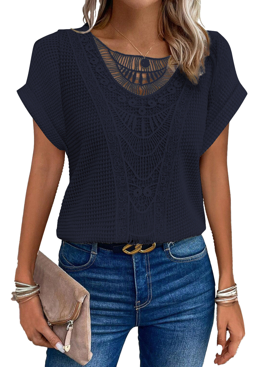 Maglietta estiva a maniche corte con motivo traforato, stile etnico, abbigliamento da donna